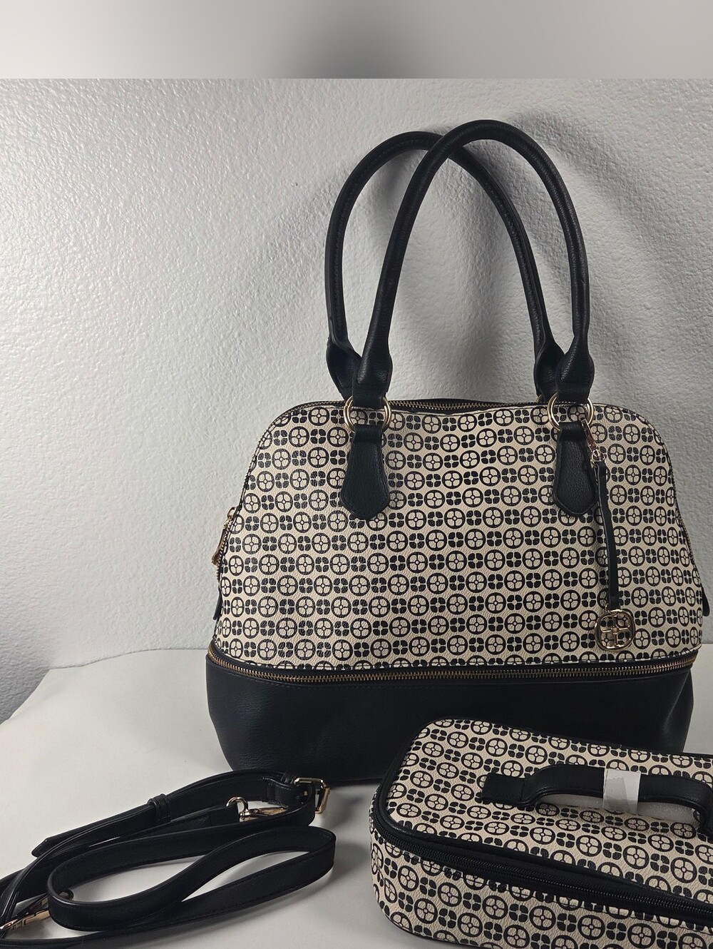 IMAN Black and Cream Patterned Satchel with Matching Case